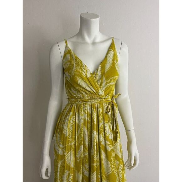 Sim & Sam XS Maxi Dress Mustard Yellow Palm Print Wrap Tie Waist Long Sleeveless - Picture 2 of 8